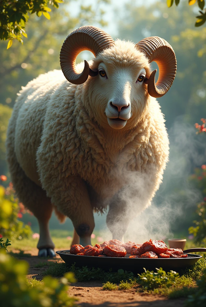 خروف عوسي كبير جدا وصخم Awassi يشوي اللحم في الحديقه realistic, real, high resolution detail, full photo like rea
