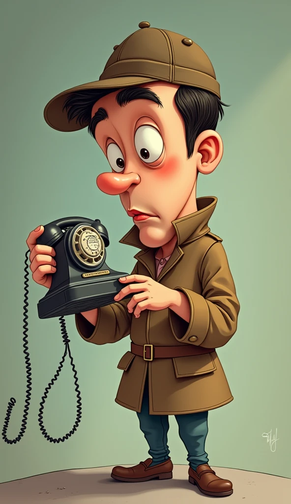 Inspector Cristiano is holding a vintage phone, with a surprised and curious look on his face. His oversized head tilts slightly, and his barely holds the phone. (Detective with a big head and tiny body holding a vintage phone, surprised expression, exaggerated cartoon style).