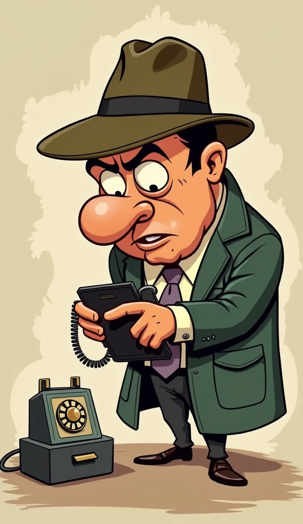 Inspector Cristiano is holding a vintage phone, with a surprised and curious look on his face. His oversized head tilts slightly, and his  barely holds the phone. (Detective with a big head and tiny body holding a vintage phone, surprised expression, exaggerated cartoon style).

