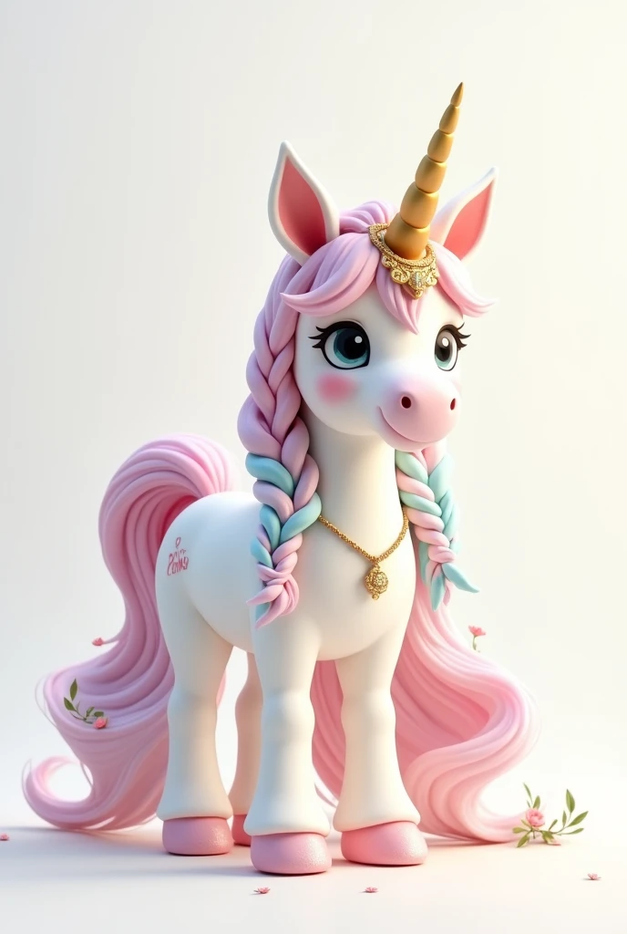 a white unicorn standing looking sideways, cute disney pixar style, cute face, the unicorn is on its side and standing looking sideways forward , showing all unicorn, loose hair and three braids in the hair, hair and mane with all the colors of the rainbow, around the hair small pink flowers with green leaves, Dedicated gold cord with delicate pendant around the neck, green eyes and the unicorn sparkles with some sparkles, female unicorn white background, flowing hair, very voluminous, gold tiara on delicate head white background and unicorn stands out from the background, the unicorn has sparkling sparkles in its hair