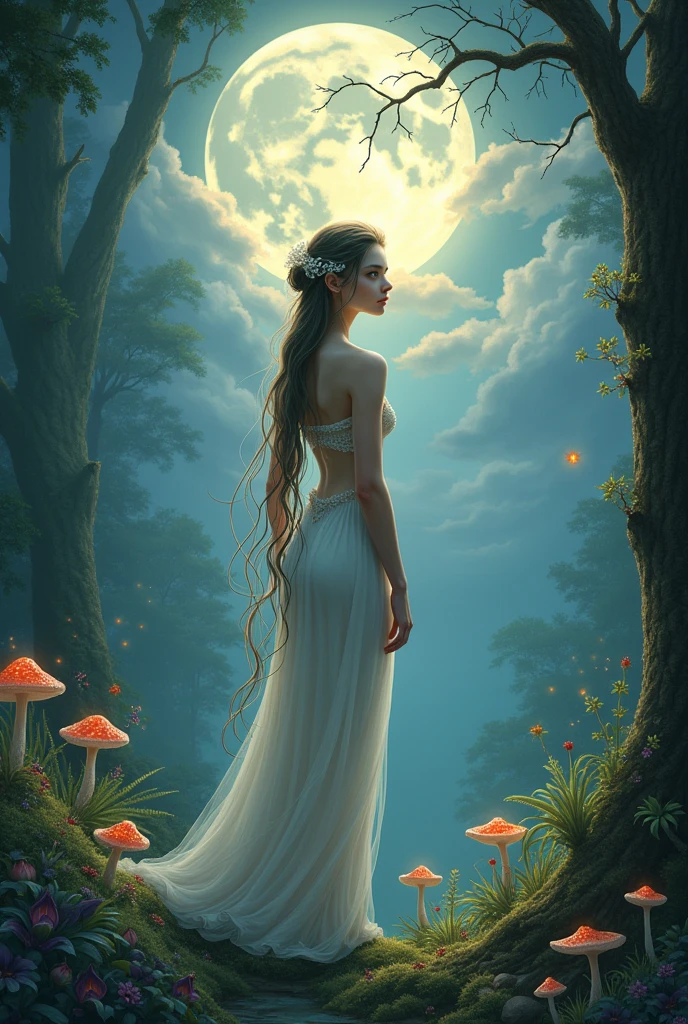 Draw a beautiful slender mythical girl in a fairytale forest against the backdrop of the rising moon and clouds