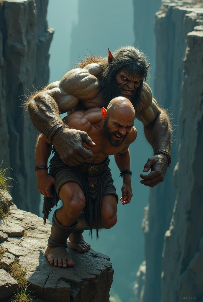 A small naked dwarf carrying a large orc to jump into a chasm
