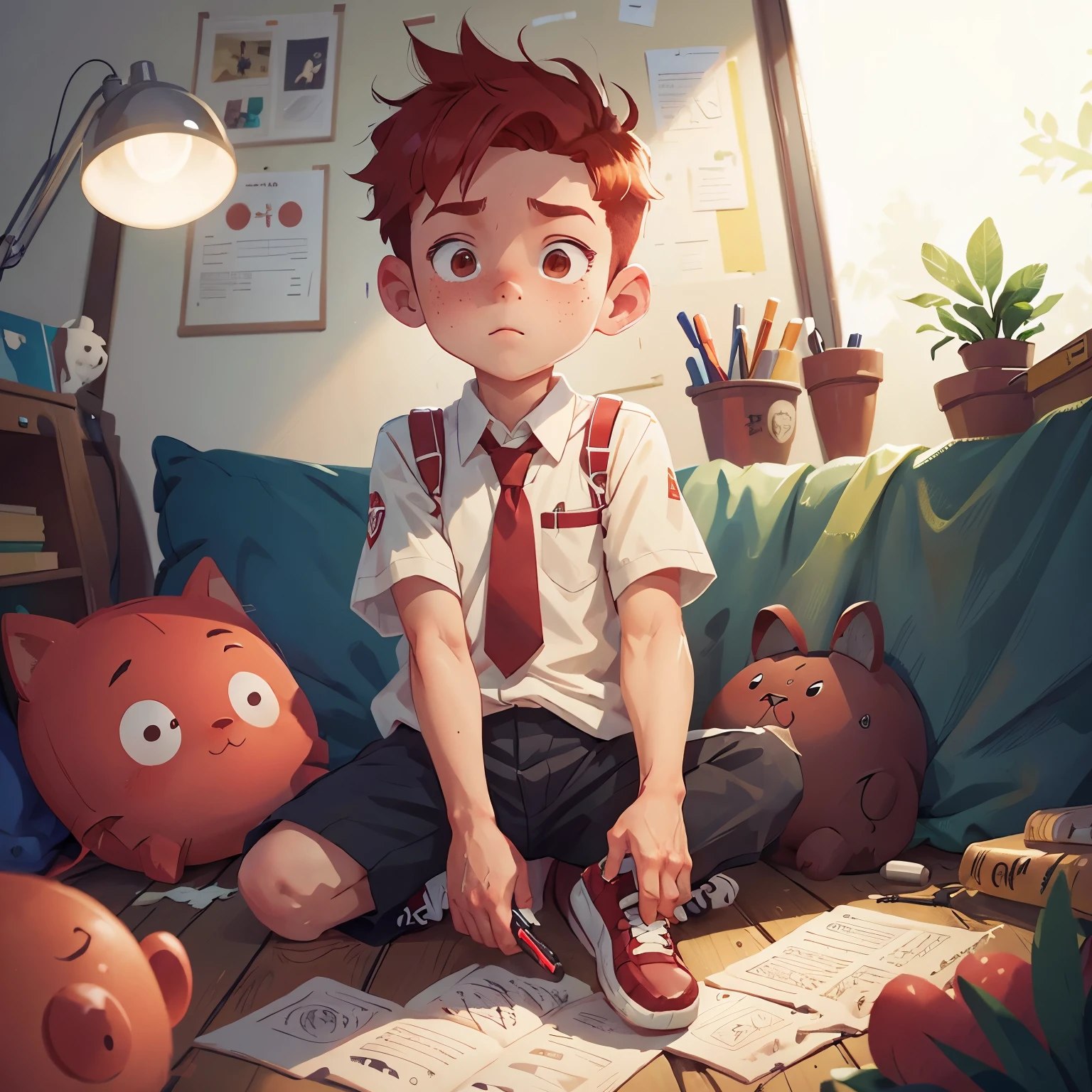 boy, ((male)), boy, short red hair, freckles on his face, dark school uniform, holding flashlight in one hand, American flat angle, white background, ultra definition, high quality, 4k
