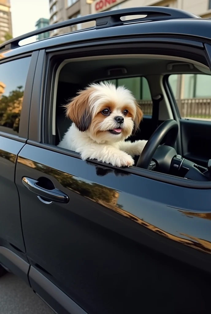 create a realistic photo of a white caramel and brown shitzu dog smiling, driving a black jeep renegade. The photo is from the outside, taking in the entire car.