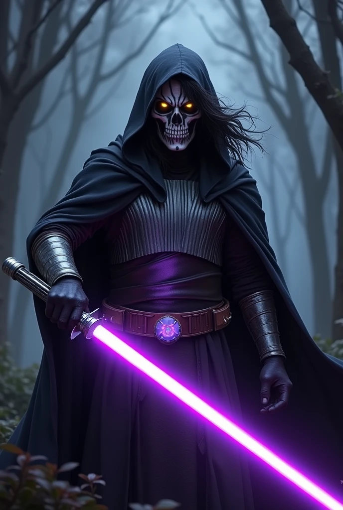Dark male Sith lord wearing glowing yellow eyed skull paint, with long, wavy, messy black hair, . Wearing a black hooded cloak and simple bracer armor , chest shoulder pad and polished silver..
In an attack pose he holds a purple lightsaber that illuminates a forest at night.