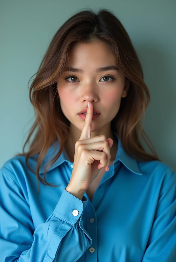 An young hot girl in blue shirt having his index finger on his lips asking to be quite.