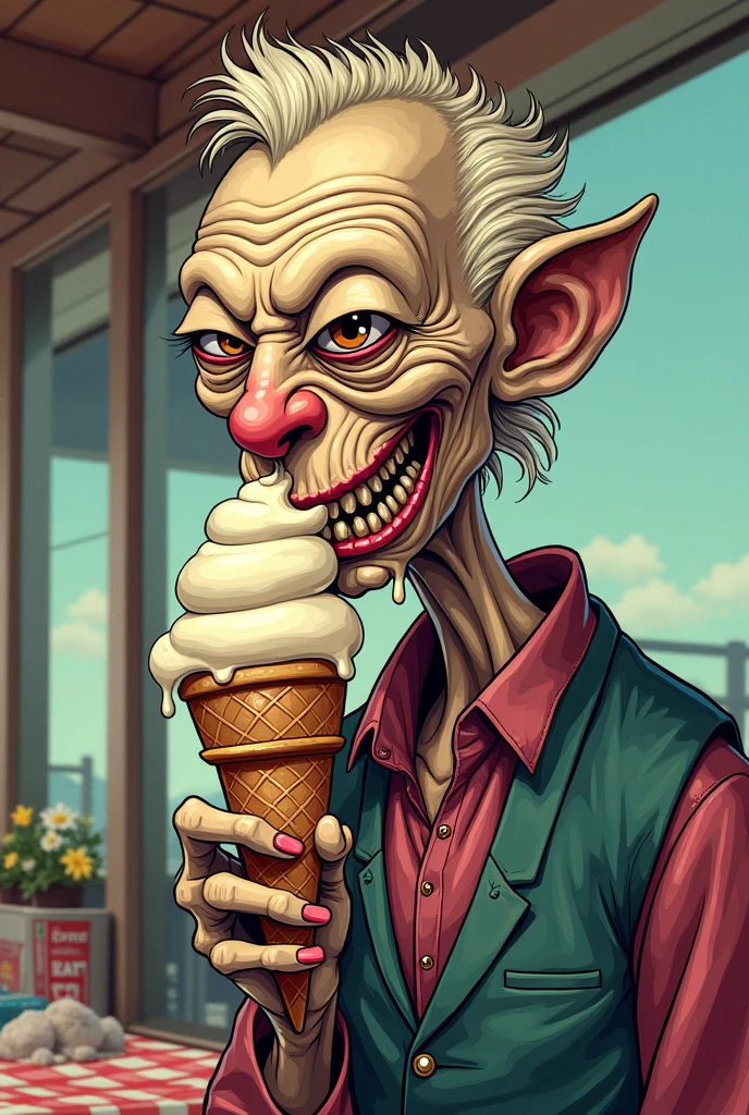 Nubbins Sawyer, character from The Texas Chain Saw Massacre, eating a vanilla ice cream, cartoon style