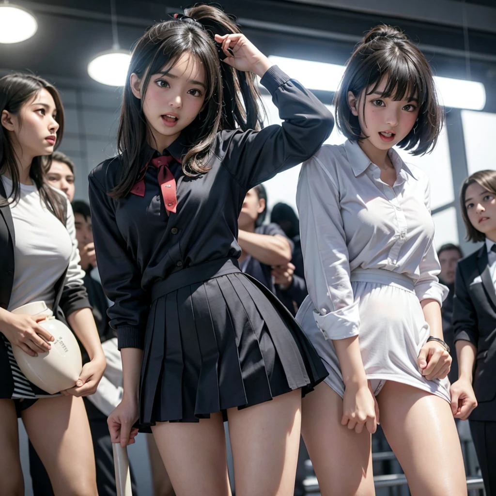 Beautiful innocent high school girl surrounded by excited high school boys, High school boys molest a beautiful girl with a baby face like an idol, She screams with her mouth open in shame at being seen naked in public, Anatomically correct, Staring at the audience, Beautiful wavy black medium bob hair, blush, Body flushed red, Wet with sweat, Increased sensitivity, Tears overflow from your beautiful eyes, Ultra high definition, Slender body, Can be smelled from close range, Japanese, Cowboy Shot
