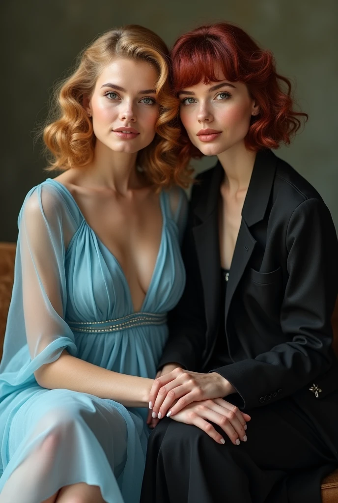 Two beautiful women sitting side by side, appearing to pose for a photograph. On the left is a young version of actress Grace Kelly. Grace has wavy, light strawberry blonde hair styled in soft waves, wearing a modest, sky blue chiffon dress that radiates elegance. On the right is actress Emma Myers. Emma has short, dark red hair with a slightly tousled look, dressed in black alt clothing that exudes a sense of edge and grunge. The women are positioned close together, creating a striking contrast between Grace's classic refinement and Emma's modern, rebellious style.
