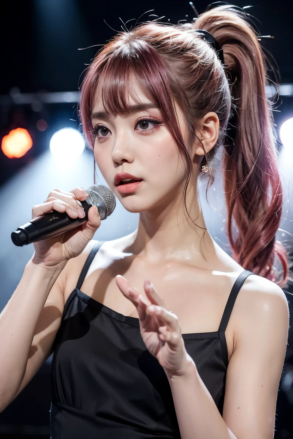 realistic, on the stage of the concert, singing emotinally, brightly lit by spotlights on the stage, dim lighting, wearing black dress, bright ashed-pink hair, ponytail hairstyle, hair is blowing in the wind, hair is shaggy and dishevelled, beautiful white-colored translucent skin, sweat splashes, slendar figure, flat chest, heavy and vivid makeup, kawaii makeup, small nose, smooth shaped jawline, glossy face, heavy flushed cheeks, serious look, no smile, sad expression about to burst into tears, close up shot