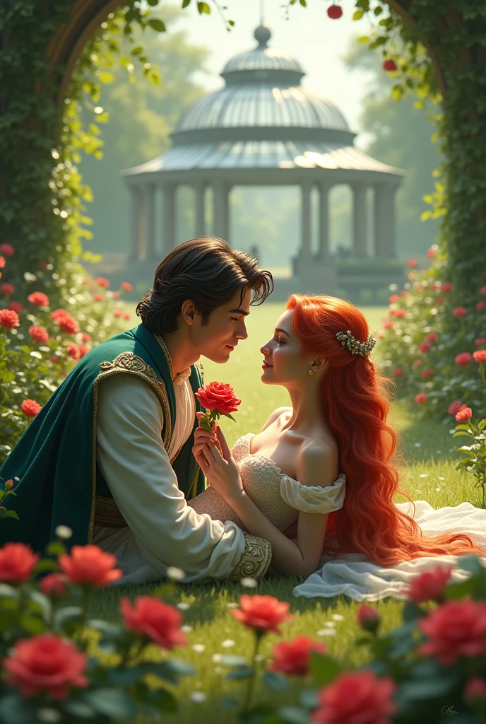 In a lush and green environment with flowers, two people - a prince and a princess are lying down, The princess has red hair and a mask.The prince was white and very handsome, and was giving a red rose to the princess, The prince is white-skinned and handsome., and they lie on the ground, The prince has WHITE SKIN, AND THEY ARE LYING ON THE FLOOR THE PRINCESS HAS A MASK ON HER FACE THE PRINCE'S SKIN SHOULD BE WHITE !!
The surroundings are green and there is a green house in the back and it is very beautiful.