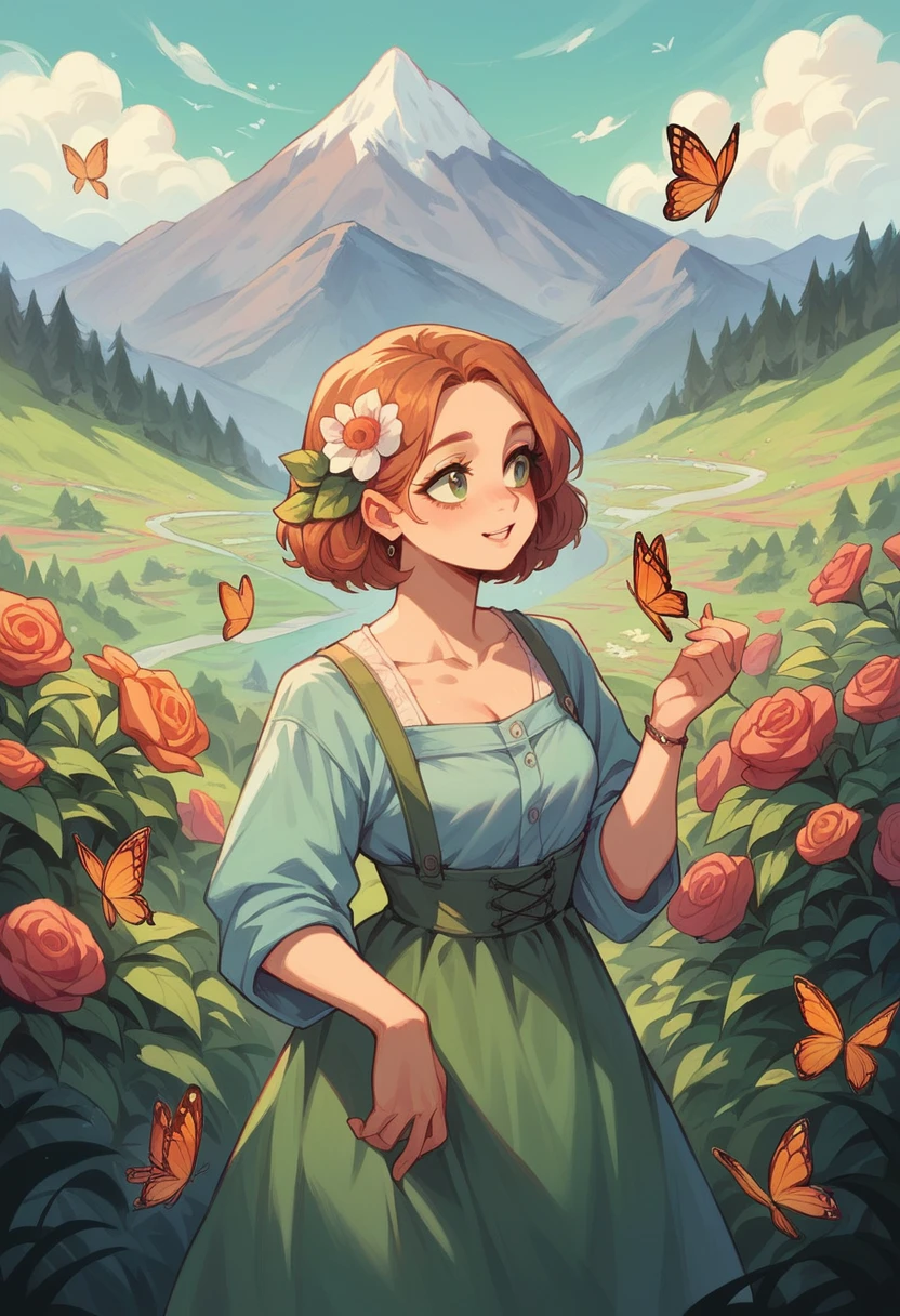 age girl, playing with butties, mountain flower garden, surrounded by nature, enjoying the moment