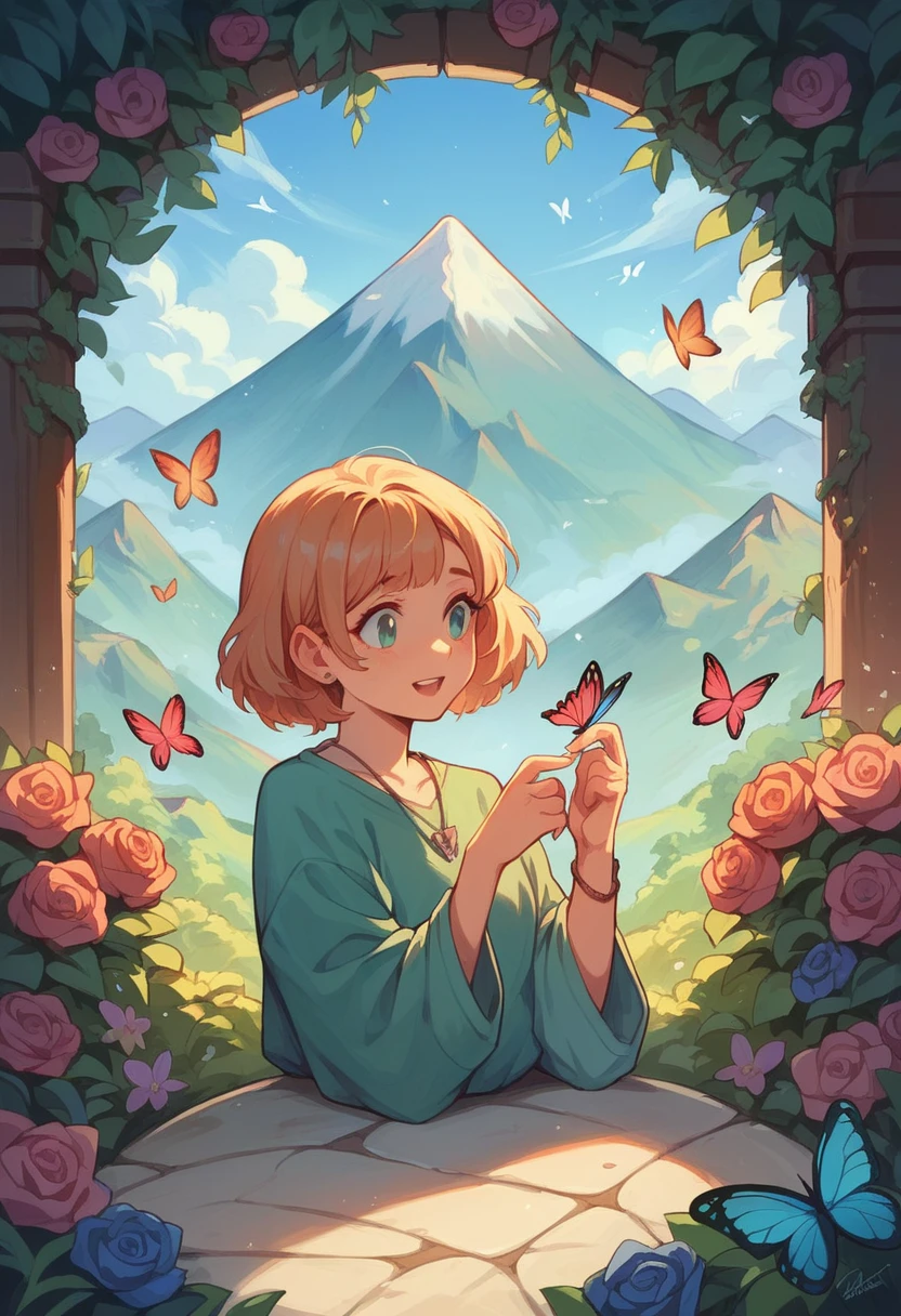 teenage girl, playing with butterflies, mountain flower garden, surrounded by nature, enjoying the moment