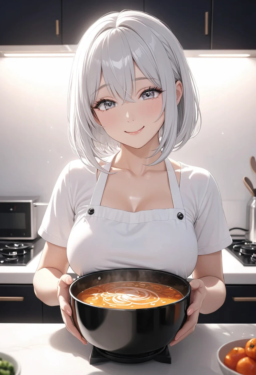 masterpiece, perfect quality, high detailed, glowing particles, ambient lights, cute, full body detailed, 32K, perfect lighting, perfect anatomy, soft light, BREAK ((shiny silver hair)), bob cut, bang between eyes, beautiful hair), (glossy silver eyes:1.5), (beautiful eyes, twinkle eyes, large eyes, close eyes), BREAK (athlete body, large breasts), cute face, beautiful face, pretty face, beautiful, best quality, good anatomy, long eyelashes, expressive eyes, Perfect Hands, BREAK pink botanical print apron, white shirt, short sleeves, morning, kitchen, 1girl, The girl is holding a soup bowl with pot-au-feu on it, close eyes, head tilt, happy, smile,