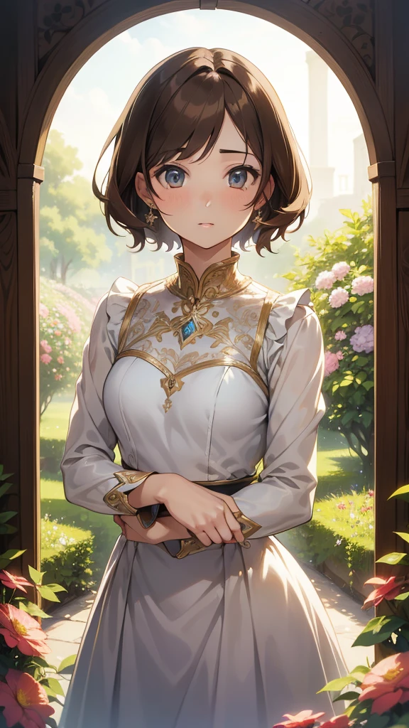 Official Art, Masterpiece European female face, short hair, lightbrown hair , brown eyes , flower garden , (masterpiece、top-quality、hight resolution: 1.4),in 8K, Drawing of a woman with short lightbrown hair, Anime Art Nouveau, highly detailed exquisite fanart, anime fantasy illustration, clean detailed anime art, detailed anime art, Sharp Focus, Delicate Beautiful Hair and Eyes and Face, realisitic, ultra-detailliert, a beauty girl, sunlight