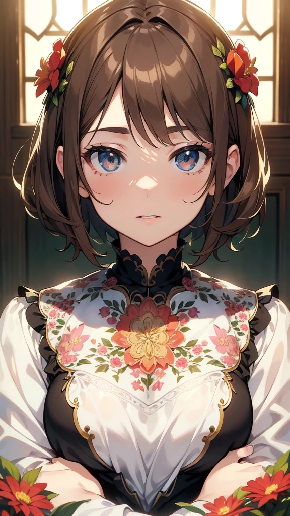 Official Art, Masterpiece European female face, short hair, lightbrown hair , brown eyes , flower garden , (masterpiece、top-quality、hight resolution: 1.4),in 8K, Drawing of a woman with short lightbrown hair, Anime Art Nouveau, highly detailed exquisite fanart, anime fantasy illustration, clean detailed anime art, detailed anime art, Sharp Focus, Delicate Beautiful Hair and Eyes and Face, realisitic, ultra-detailliert, a beauty girl, sunlight