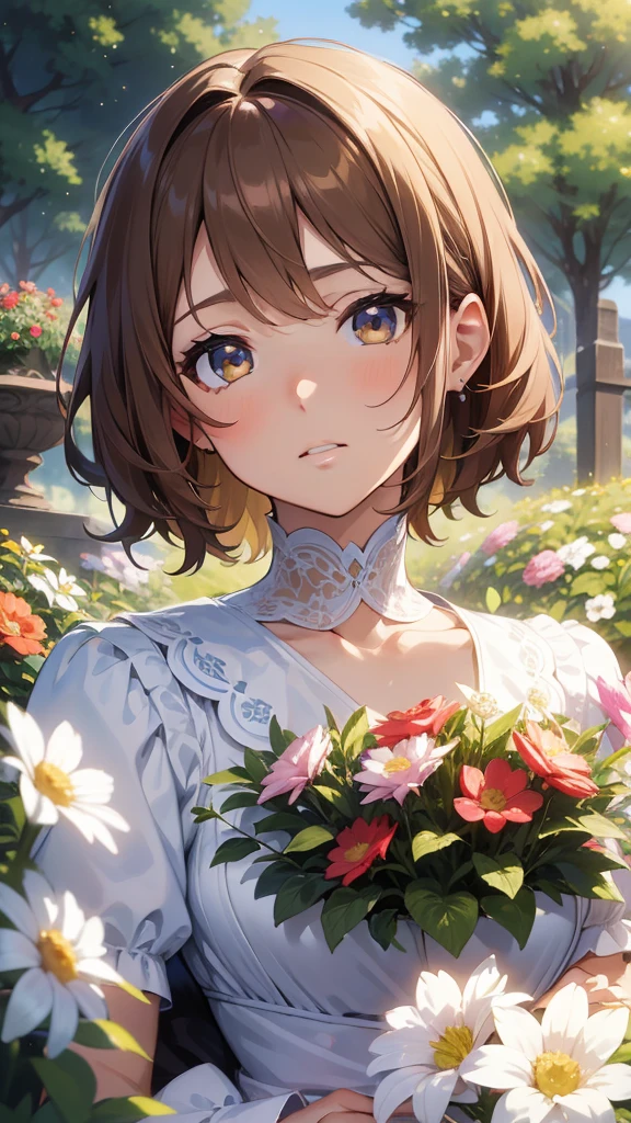 Official Art, Masterpiece European female face, short hair, lightbrown hair , brown eyes , flower garden , (masterpiece、top-quality、hight resolution: 1.4),in 8K, Drawing of a woman with short lightbrown hair, Anime Art Nouveau, highly detailed exquisite fanart, anime fantasy illustration, clean detailed anime art, detailed anime art, Sharp Focus, Delicate Beautiful Hair and Eyes and Face, realisitic, ultra-detailliert, a beauty girl, sunlight