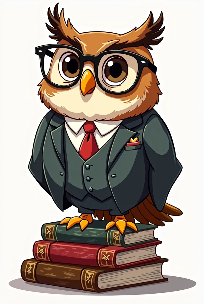 An owl wearing a suit and glasses on top of some books, cartoon