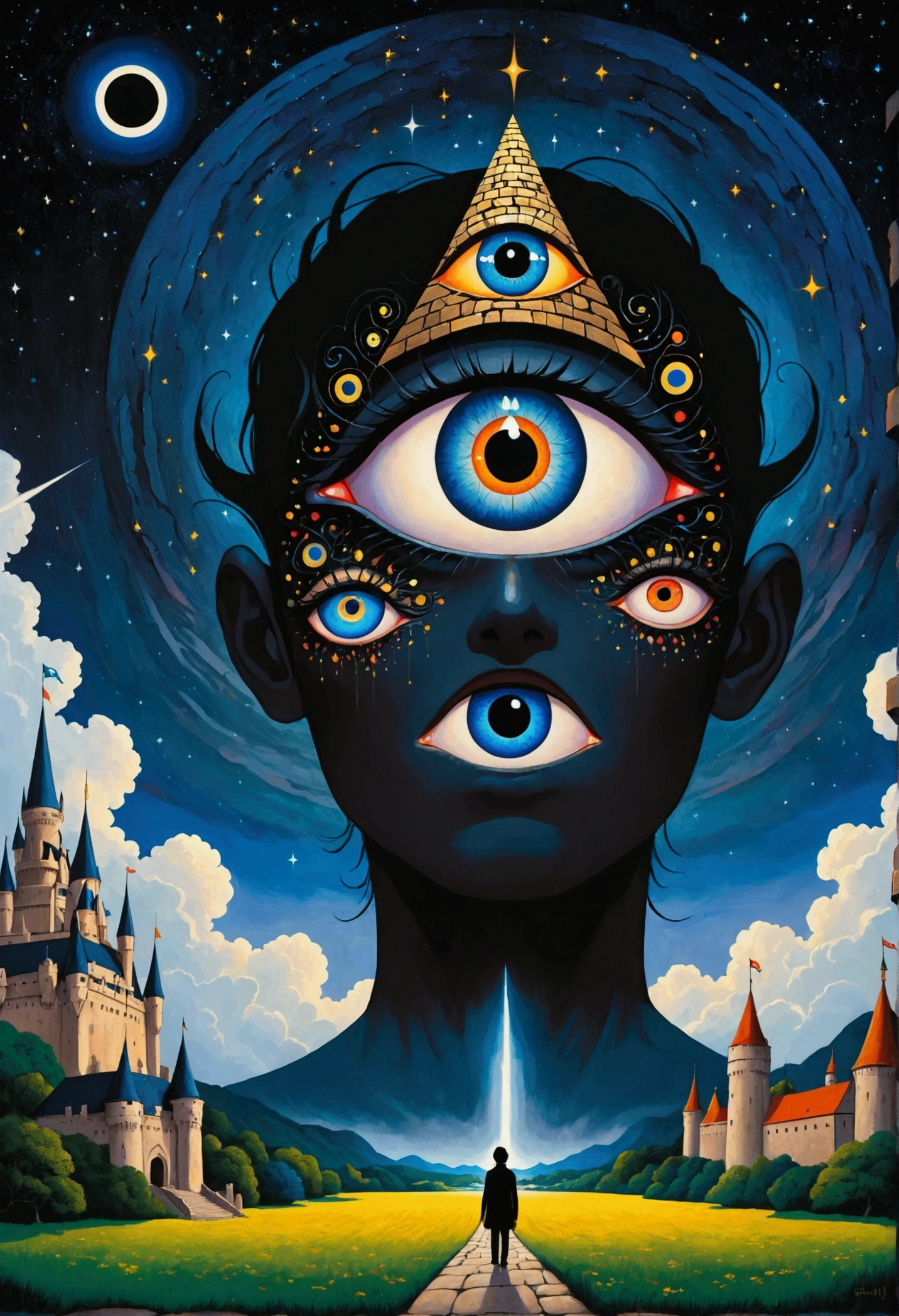 There is a big eye in the painting，There is a castle in the background, Colorful black，Starry Sky，Surrealism inspired by Nagai Hiroshi, Winner of the Behance competition, Minimalism, Portrait of a mysterious giant eye, All-Seeing Eye, Third Eye Vision, Fred Tomaselli, Paul Lafley, Fantasy painting, Mysterious eyes, The Third Eye, Highly detailed fantasy art, Mysterious Eye