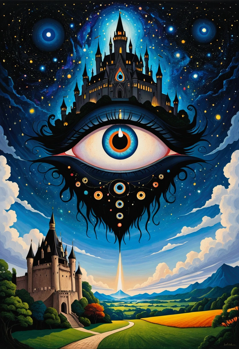 There is a big eye in the painting,There is a castle in the background, Colorful black,Starry Sky,Surrealism inspired by Nagai Hiroshi, Winner of the Behance competition, Minimalism, Portrait of a mysterious giant eye, All-Seeing Eye, Third Eye Vision, Fred Tomaselli, Paul Lafley, Fantasy painting, Mysterious eyes, The Third Eye, Highly detailed fantasy art, Mysterious Eye