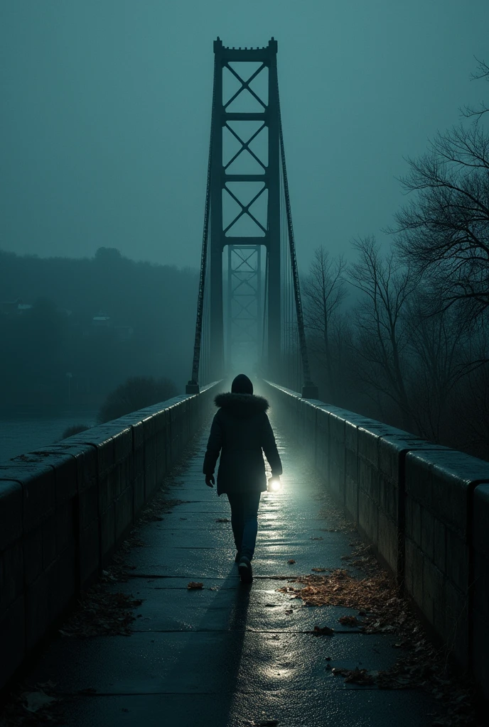 Photo of a bridge with two sides, One side is dark , There are many people standing over there.. And there was only one person holding a flashlight walking towards the bridge.. There is no one on the bridge.