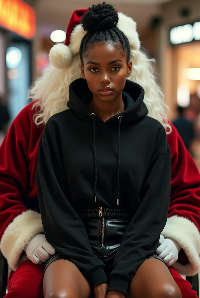 black woman hair in a bun black hoodie black leather short shorts setting on santa claus lap at the mall