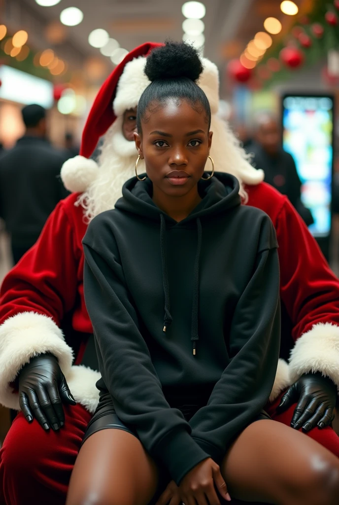 black woman hair in a bun black hoodie black leather short shorts setting on santa claus lap at the mall