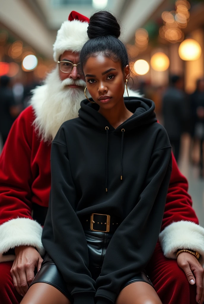 black woman hair in a bun black hoodie black leather short shorts setting on santa claus lap at the mall