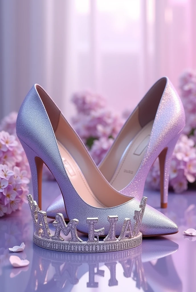 Illustration of a pair of women's lilac-colored high-heeled shoes with silver glitter next to a silver and lilac crown, which bears the name of very beautifully and brilliantly "sofia" and the phrase "my 15 years" with shiny metallic letters, on a background of lilac flowers, white and silver.