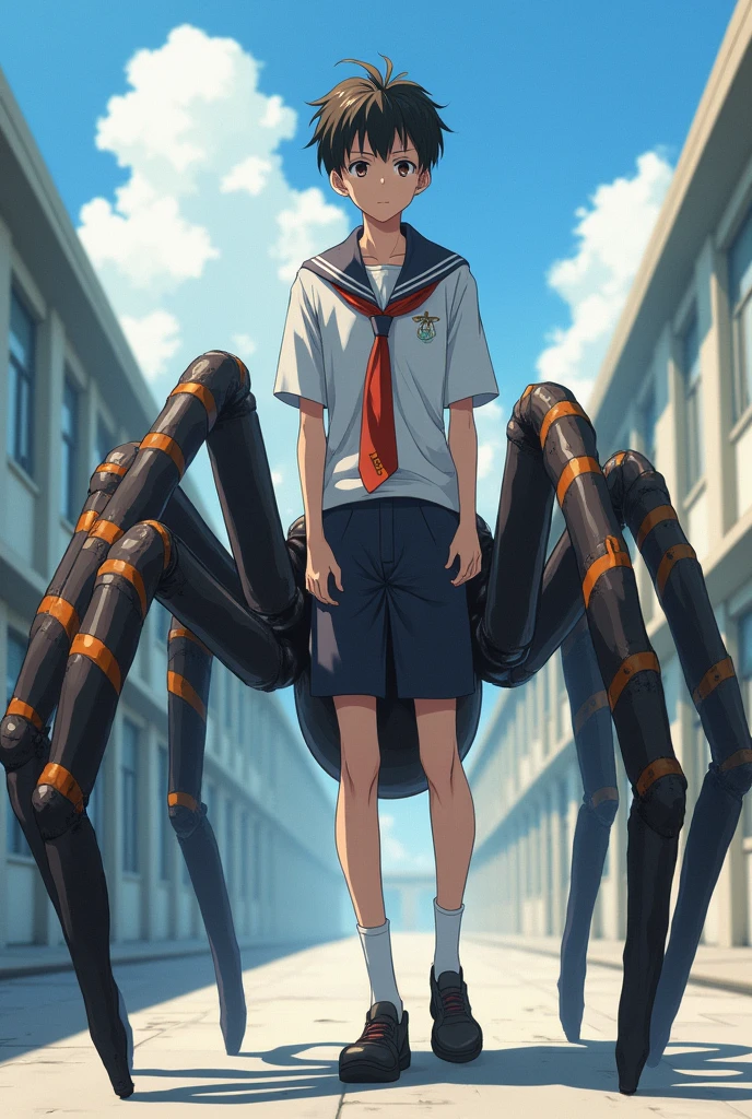 A boy's lower_body is becomed spider(Japanese anime style)（drider）(student costume)(eight legs)(entire spider_body)