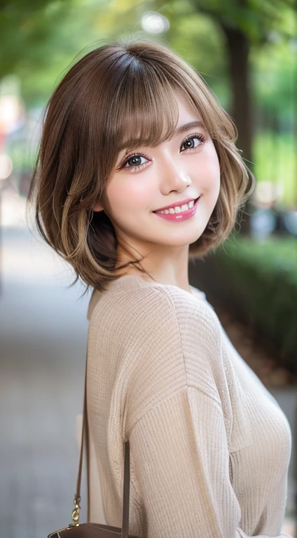 Happy smile seeing this、In the city、(Highest quality,8K quality,masterpiece:1.3,),(Ultra-high resolution:1.3,Realistic:1.4,RAW Photos:1.2),(Very detailed:1.2,Glowing Skin,Detailed skin:1.1),(Detailed face,Perfect Anatomy,Caustics:1.2),,1 person,cute,Japanese,1,Japanese Ido,Brown Hair, [(Brown to blonde gradation:1.4):0.4], Medium Hair,Curl short hair outward,cute目,Natural Makeup,bright casual clothes,Laughter,Looking into the camera,On the face,Face Focus,Professional Lighting,Natural soft light,