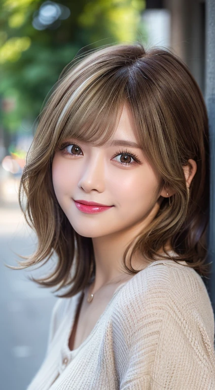 Happy smile seeing this、In the city、(Highest quality,8K quality,masterpiece:1.3,),(Ultra-high resolution:1.3,Realistic:1.4,RAW Photos:1.2),(Very detailed:1.2,Glowing Skin,Detailed skin:1.1),(Detailed face,Perfect Anatomy,Caustics:1.2),,1 person,cute,Japanese,1,Japanese Ido,Brown Hair, [(Brown to blonde gradation:1.4):0.4], Medium Hair,Curl short hair outward,cute目,Natural Makeup,bright casual clothes,Laughter,Looking into the camera,On the face,Face Focus,Professional Lighting,Natural soft light,
