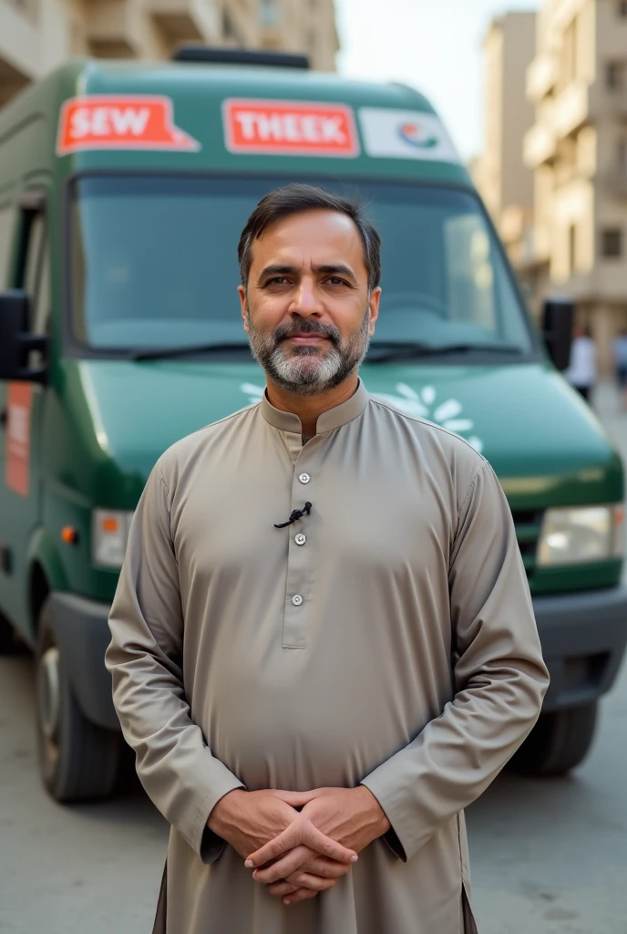 Crate a news man image with qameez shalwar and bachside news car in news logo fix   clean shave  and  and age 35