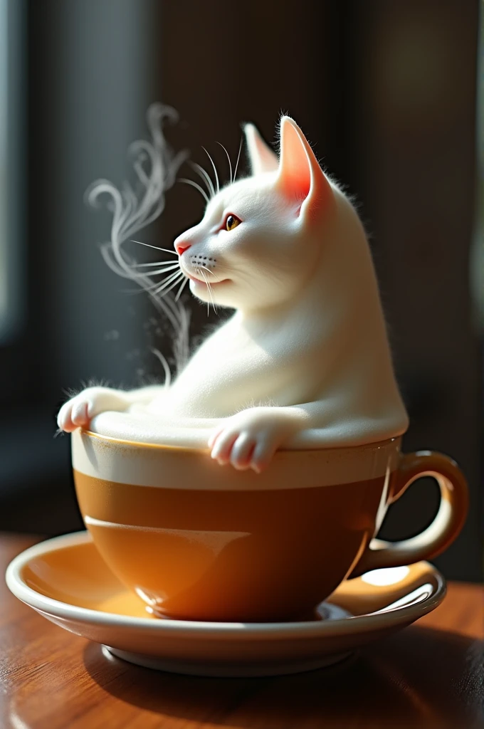 a latte transcends its usual boundaries. The cup, brimming with rich coffee, sees its frothy milk crown spill over, not in chaos but in artful design. The overflowing foam, pure white against the dark coffee, magically transforms into the 3D silhouette of a [** cat and claws**] are meticulously crafted from the foam, creating a serene, almost mystical image. This isn't just a drink; it's a moment of playful elegance, where coffee meets creativity in the most delightful way