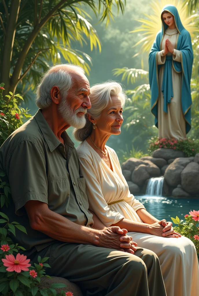white man with blue eyes white hair 9 with white wife with brown eyes white hair 90 years old, sitting in a lush tropical garden next to an image of Our Lady of Graces