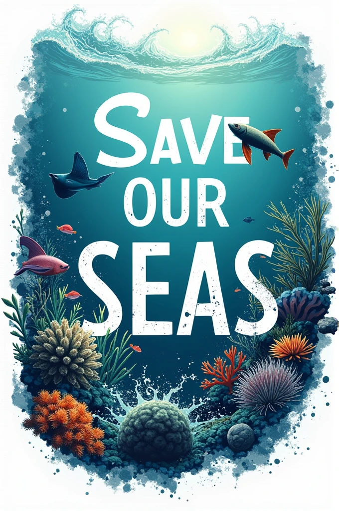 Create a T-shirt design focusing on marine conservation. Use ocean-themed graphics like waves, fish, or coral reefs, and a calming blue-green color palette. Add a powerful message like 'Save Our Seas' or 'Protect the Ocean' in a clean, modern font. The design should evoke a sense of urgency and love for the natural world