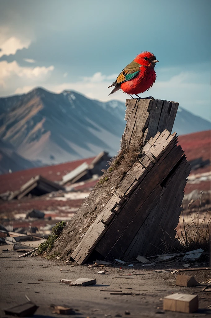 small bird, abandoned landscape, cold colors, red clashing with other colors