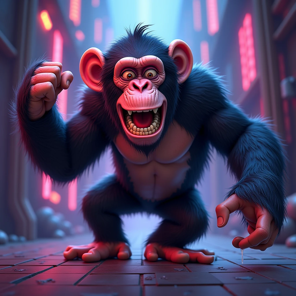 a humorous and exaggerated chimpazee, a caricature, a fun portrait, bold lines, vivid colors, against a pristine dark-neon background, 2D, CGI, comically dynamic pose, dramatic lighting, extreme detail, fantasy RPG, digital painting, colorful, whimsical, playful, cute, adorable, anthropomorphic, expressive, quirky, vibrant, surreal, dreamlike, imaginative ((more detail, enhanced, poakl))