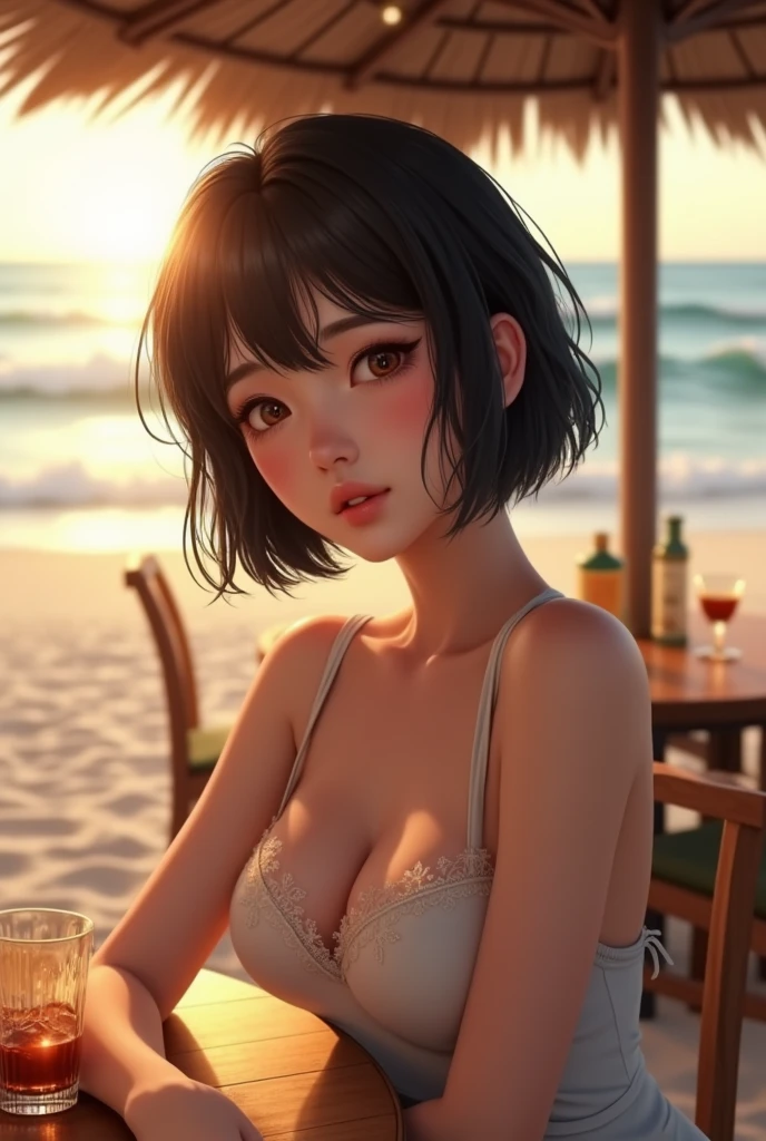 black short hair, photorealistic, young beautiful asian woman, pale skin, sunny day, sitting at a bar at the beach at night, wearing a beautiful tank top