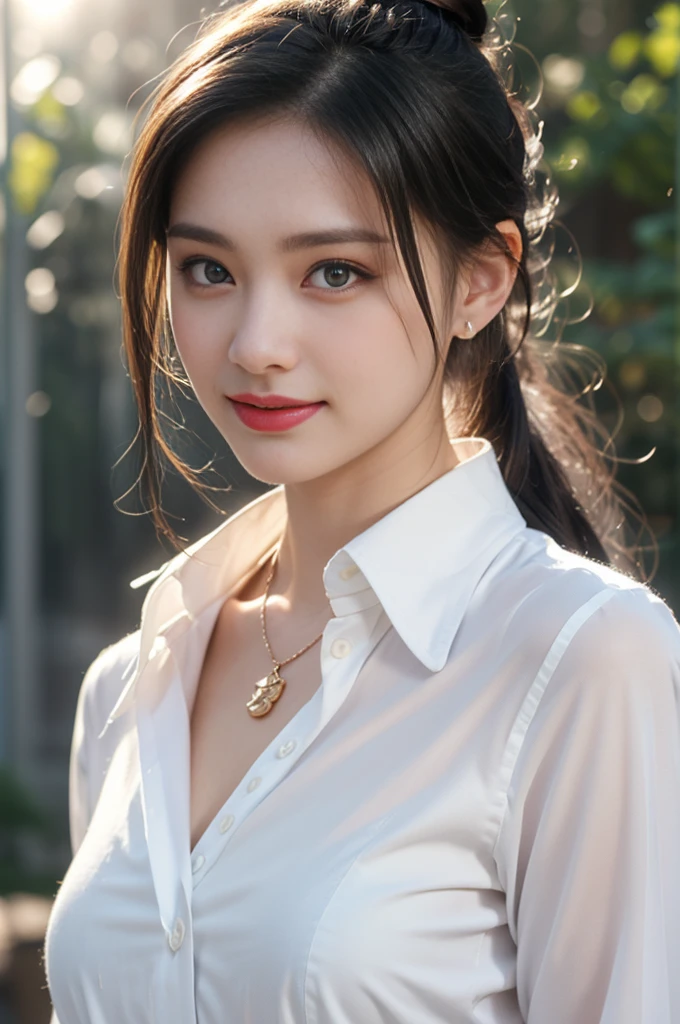 1 beautiful girl in Hanfu, ((very thin and soft white silk shirt)), platinum purple long ponytail, Jewelry, ear jewelry, necklace and necklace, carefully painted purple big eyes, carefully made up, thin eyebrows, high nose, beautiful red lips, no smile, pursed lips, rosy cheeks, wide chest, big breasts, well-proportioned breasts, slim waist, well-proportioned buttocks, black fishnet stockings, Chinese Hanfu style, fictional art pattern, full of bright and realistic colors, RAW photo, realistic photo, 8k ultra-high quality surreal photo, (magic light effect effect: 1.8), 10x pixels, magic effect (Background): 1.8), super detailed eyes, full body portrait of the girl, standing in the rain, wet clothes hugging the body, revealing beautiful curves, dynamic posture, 1 Girl, Beautiful, Baby Face, 20 Years Old, White Skin, Pose, Big Breast, (The Front of The Blouse is Open:1.3), Grey Eye, Muscles:1.3, Outdoor, Bokeh:1.1, Drill Hair, Tied Hair, ((Coloured Hair)), Open Mouth, (top quality、8k、masterpiece:1.3))、30-year-old Korean woman,sharp focus, High level of image quality, high resolution,facial focus,Portrait ID photo,Upper body photo。Draw lips correctly, red lipstick,wear white shirt,red bow tie,Green suit。wavy long hair,hair tied up,ponytail,Mature,charming smile,Pink warm color background,solid color background