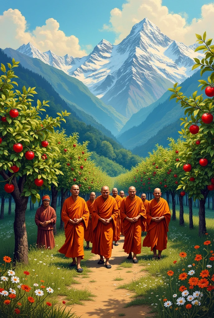 Acrylic painting, apple orchards, monks, buddisht monestry , himachal tribal people  , mountains , and himachal landscape 