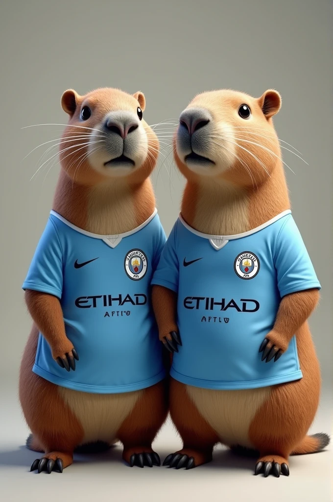 A capybara wearing a Manchester City shirt and another capybara wearing an Inter Milan shirt