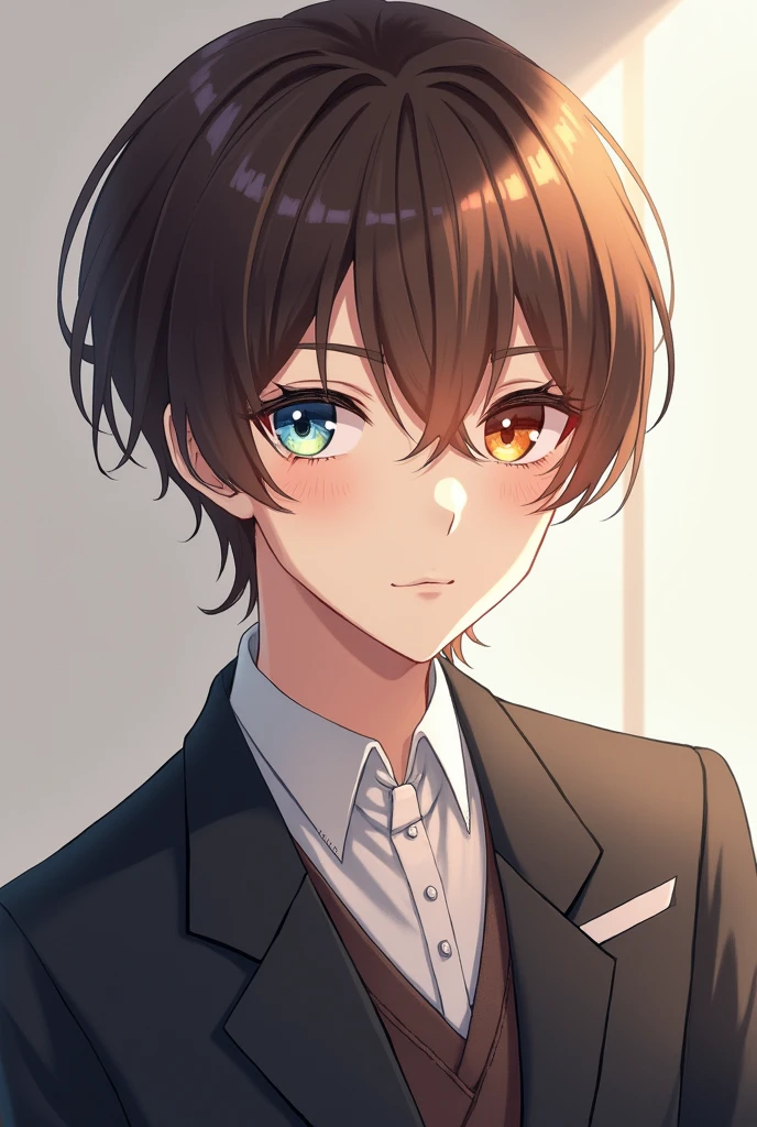 Chico, Male gender! like , Short brown straight hair, eyes of different colors, one blue and the other orange-red, He wears elegant but modest clothes. anime style.