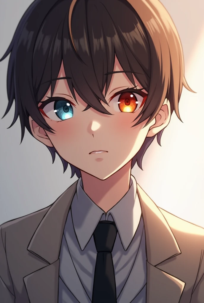 Chico, Male gender! like , Short brown straight hair, eyes of different colors, one blue and the other orange-red, He wears elegant but modest clothes. anime style.