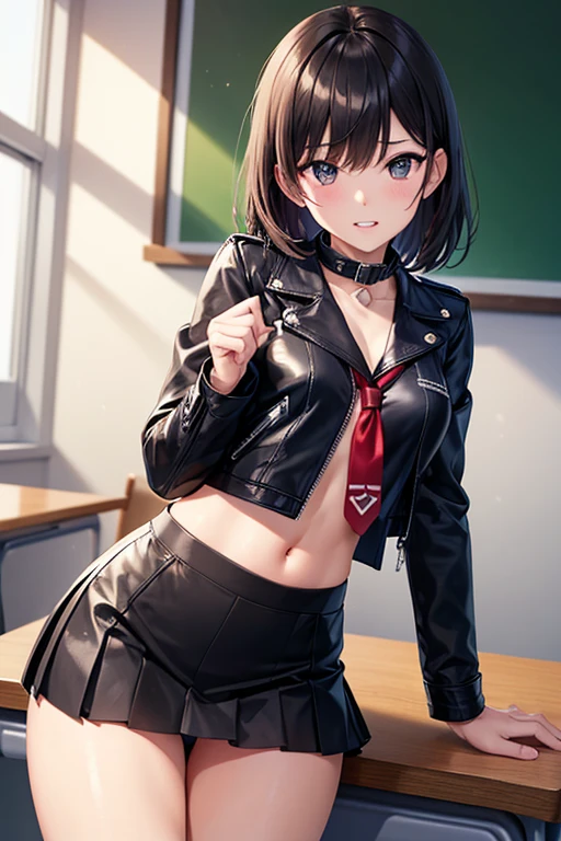 ((Highest quality)), ((masterpiece)), (detailed),Perfect Anatomy,School classroomでとても可愛い童顔の1人の黒髪の女性,((Highest quality, 8k, masterpiece: 1.3, )),A woman with very small breasts,Well-proportioned, slim body,Long, slender legs,Long, thin hands, detailedな顔, detailedな肌, fine grain, detailedな唇, detailedな舌, detailedな指, Mouth detailed, Beautiful teeth alignment,Realistic, High resolution, Natural light, Dynamic pose,Toned Legs, double eyelid, Tear bags, Round eyes, Moisturized lips, School classroom,Black leather collar,Wearing a black leather jacket,Wearing a very short navy blue miniskirt,A glimpse of her white panties,