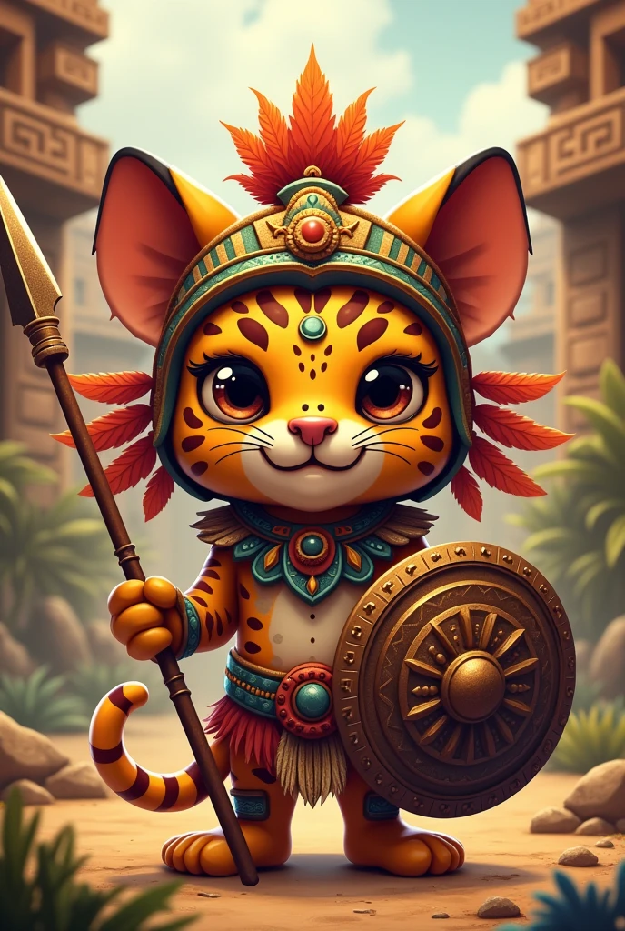 make a fierce jaguar aztec warrior, version Kawaii, detailed, HD, 
