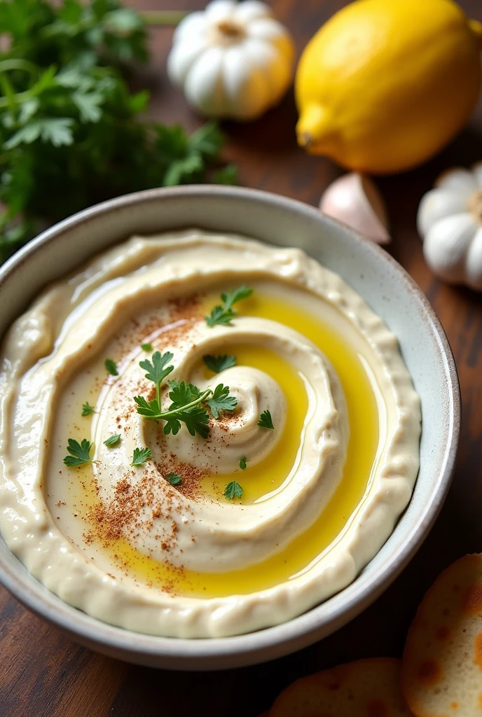 Create an image of an eggplant dip (white eggplant cream) which is accompanied by the following ingredients: 2 medium eggplants 2 cloves of garlic 3 tablespoons of tahini (sesame paste)
Juice of 1 lemon 3 tablespoons olive oil 1/2 teaspoons ground cumin Salt and pepper to taste Chopped fresh parsley (Optional) To decorate