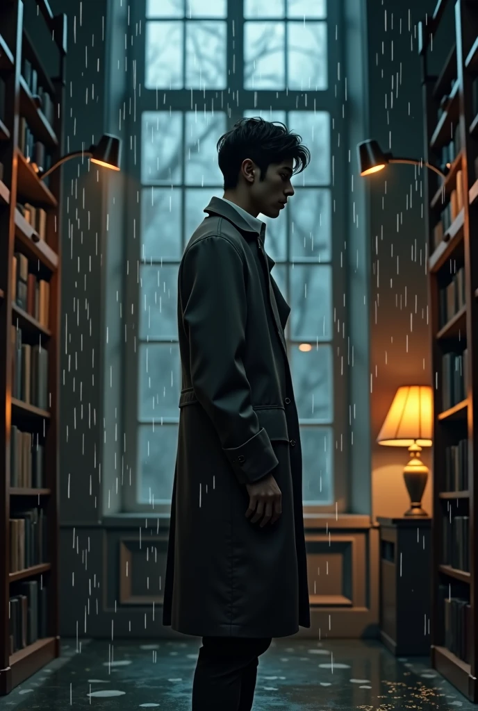 A tall, slim man with short dark hair, dressed in a raincoat and a white shirt underneath. He stands in a midnight library while rain falling on the window.