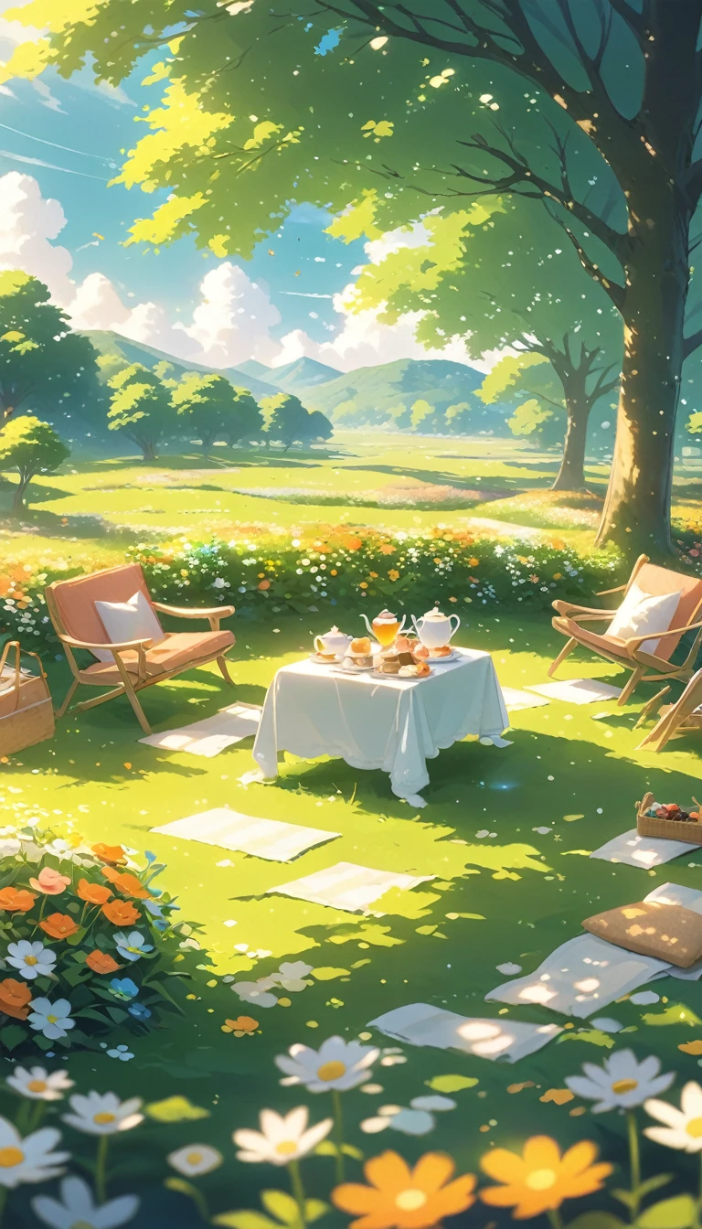 ultrawide landscape Afternoon Tea, Flower garden Cozy,Orange Pink ,picnic , There are no human characters.