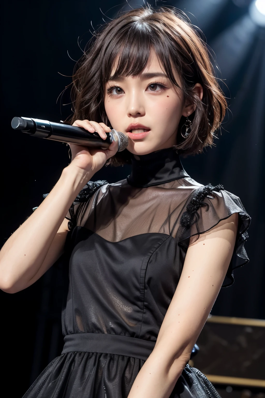 realistic, on the stage of the concert, singing emotinally, brightly lit by spotlights on the stage, dim lighting, wearing black dress, short bob hairstyle, very light brown hair, hair is blowing in the wind, hair is shaggy and dishevelled, beautiful white-colored translucent skin, sweat splashes, slendar figure, heavy and vivid makeup, kawaii makeup, small nose, smooth shaped jawline, glossy face, heavy flushed cheeks, serious look, no smile, sad expression about to burst into tears, close up shot